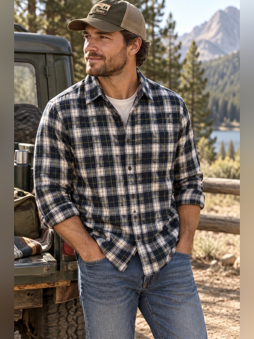 LL Bean Scotch Plaid Flannel Shirt Medium Green Blue 228061